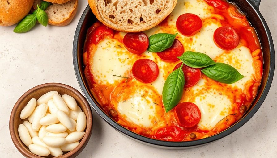 Burst Cherry Tomato & Pepperoni White Bean Bake served in a skillet