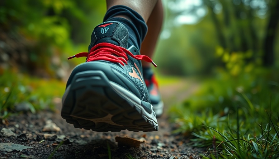 Maximize health benefits of walking with bright athletic shoes on a trail.
