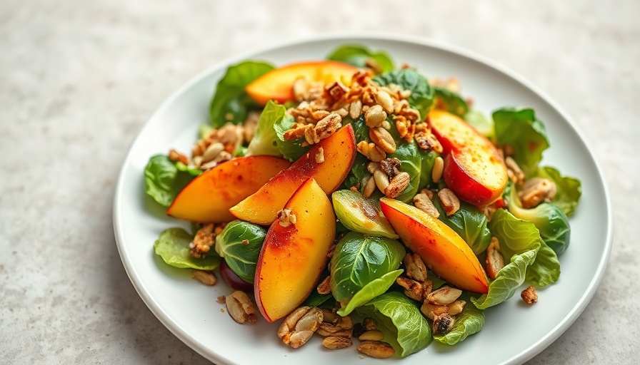 Vibrant peach Brussels sprouts salad with nuts and seeds on a white plate.
