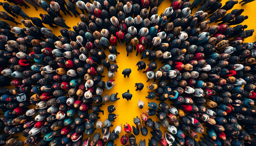Overhead view of crowd with one person isolated, illustrating social dynamics.