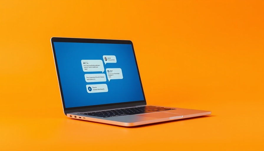 Laptop displaying AI chat bubbles on orange background.