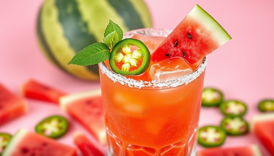 Jalapeño Watermelon Margaritas garnished with watermelon and jalapeño in a textured glass.