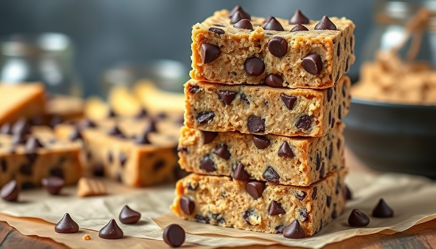 No-bake peanut butter protein bars stacked with chocolate chips, appetizing.