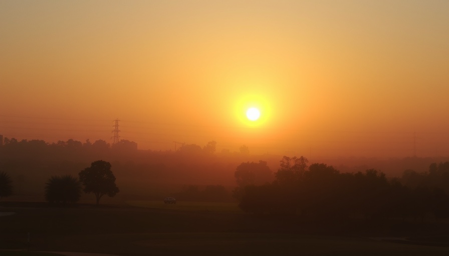 Hazy sunrise over golf course affected by Canadian wildfires smoke.
