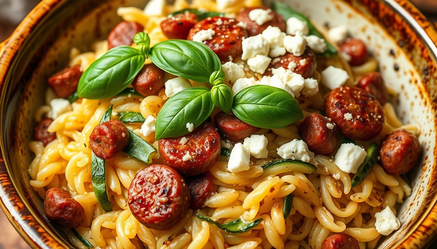 Zucchini & Sausage Baked Orzo with basil in a ceramic dish.
