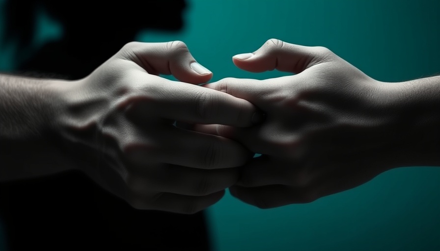 Two hands supporting each other symbolizing care, blurred silhouette, teal backdrop.