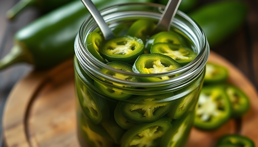 Jar of pickled jalapeños on a wooden board.