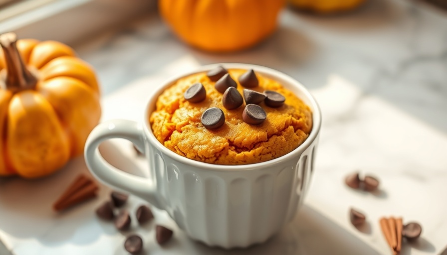 Healthy high-protein pumpkin chocolate chip mugcake in a mug.