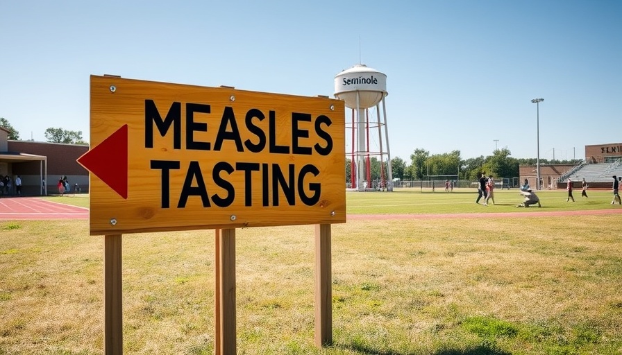 Texas measles outbreak testing sign near sports field.