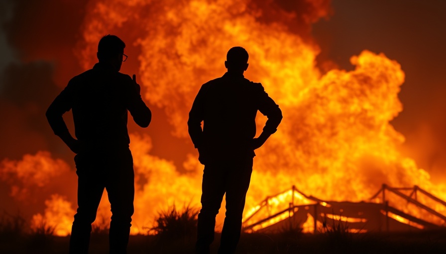 Silhouetted figures facing fire, illustrating urgency and intensity.
