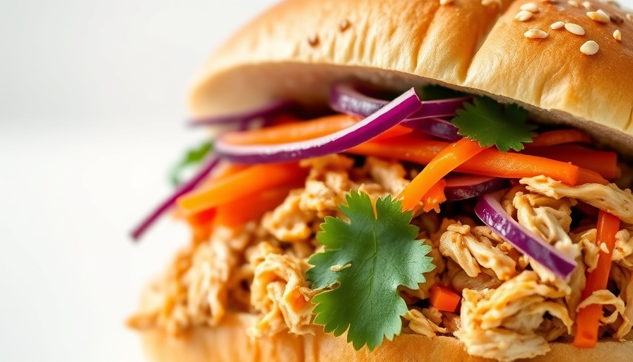 Healthy slow cooker pulled chicken sandwich with colorful veggies.
