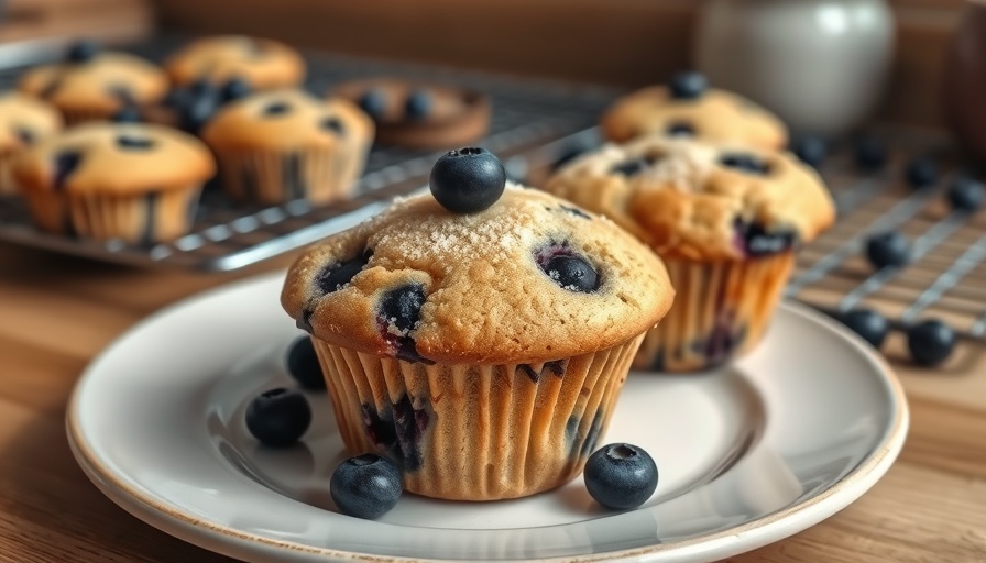 Fresh blueberry Greek yogurt muffins on ceramic plates with blueberries.