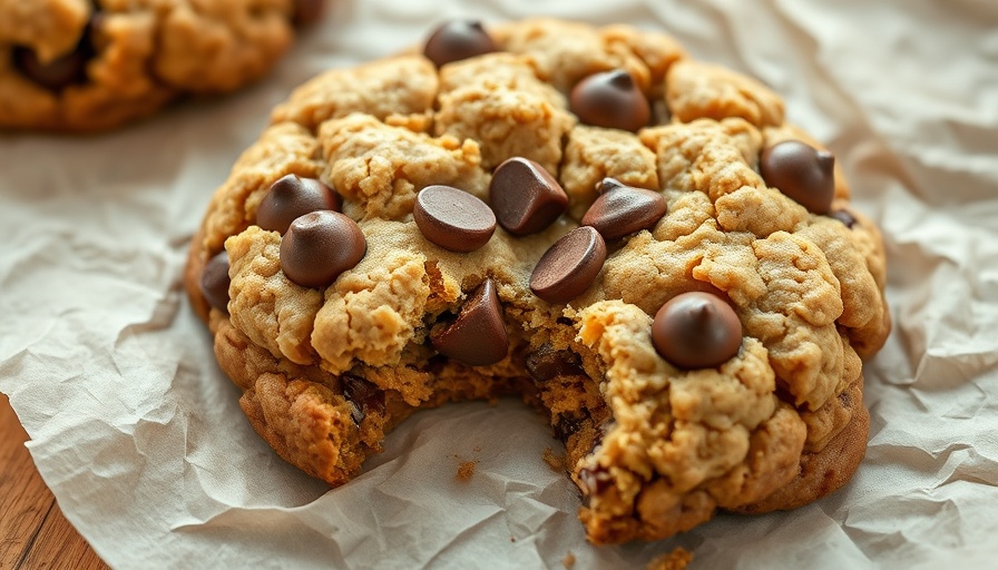 Flourless peanut butter oatmeal chocolate chip cookie with a bite.