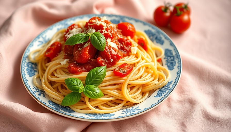 Pasta with roasted cherry tomato sauce on decorative plate.