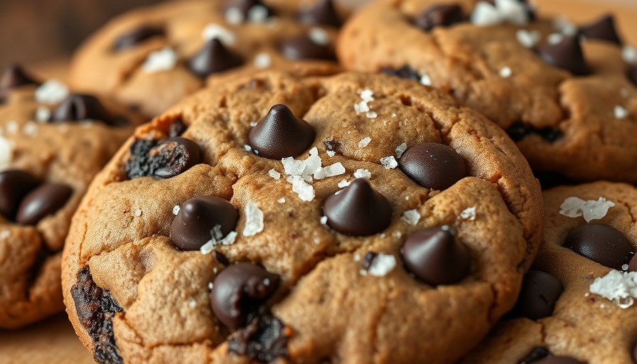 Delicious vegan sea salt dark chocolate chip cookies cooling, close-up.