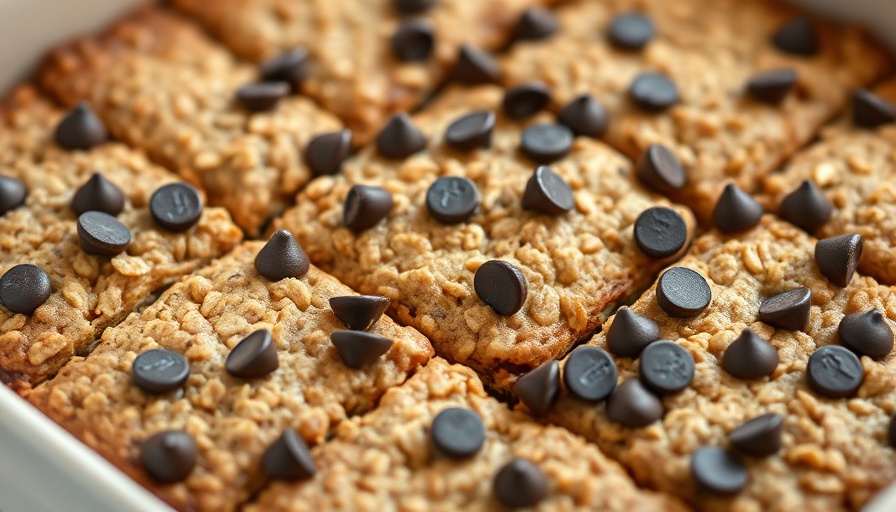 Peanut butter zucchini bread baked oatmeal in a dish with chocolate chips.