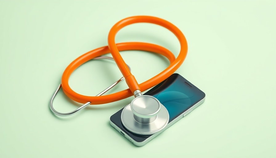 AI in Healthcare: Orange stethoscope and smartphone on pastel green.