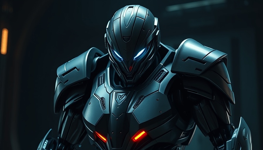 Futuristic robot armor close-up, highlighting mechanical features.