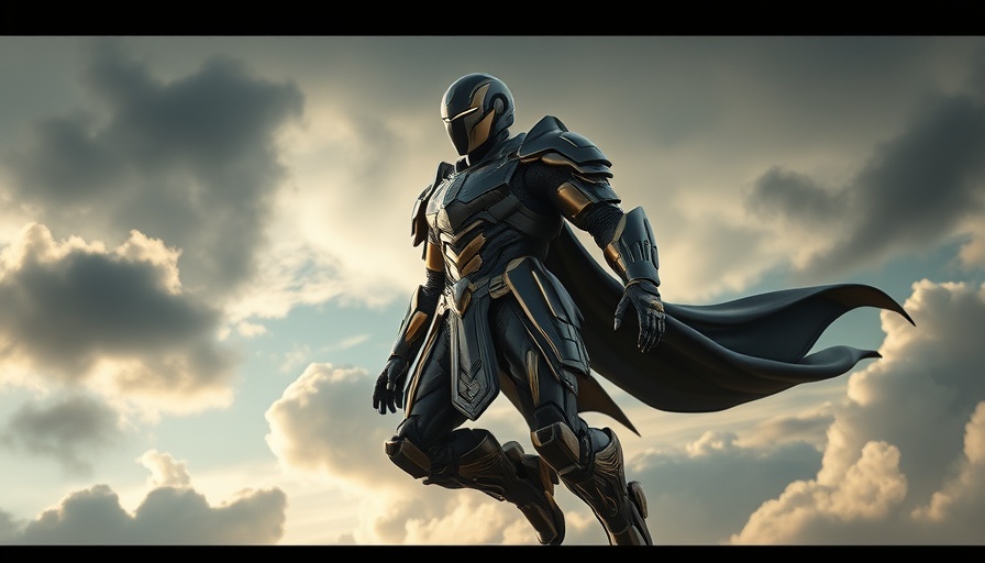 Futuristic figure levitating against a cloudy sky.