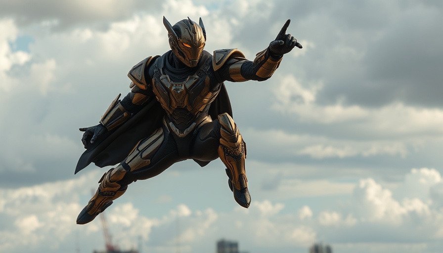 Futuristic armored figure soaring dynamically against a sky backdrop.