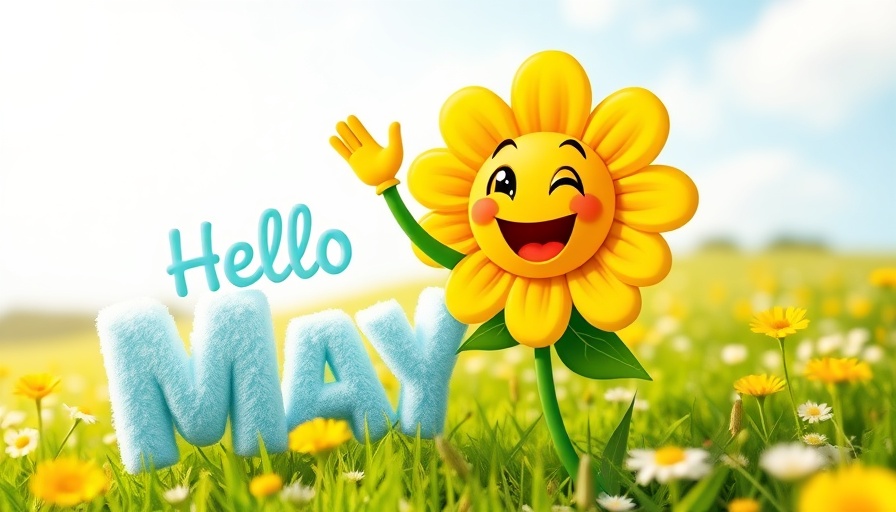 Cheerful cartoon flower greeting for May 2025 Desktop Wallpapers.