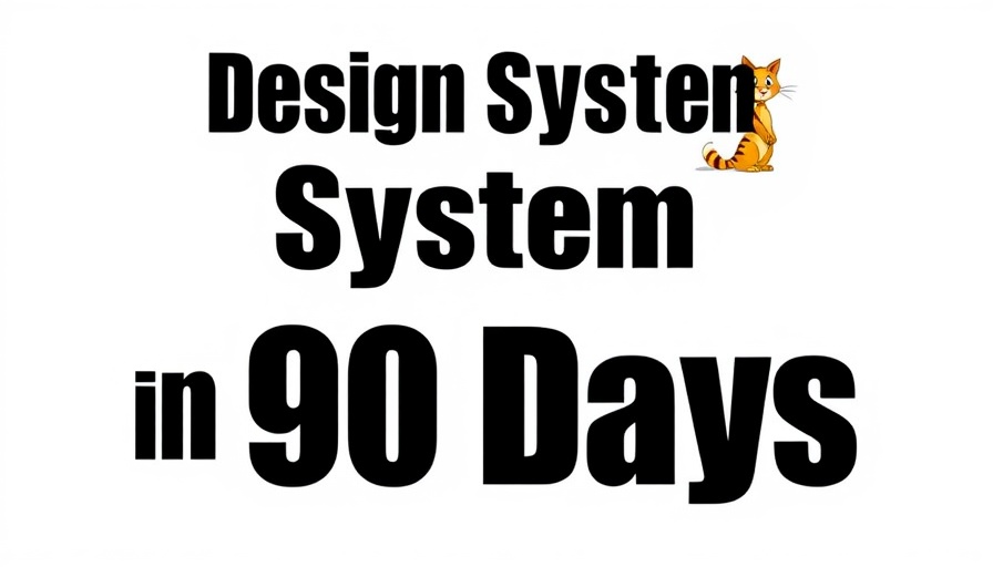 Minimalistic design illustration with playful cat and bird, 'Design System in 90 Days'.