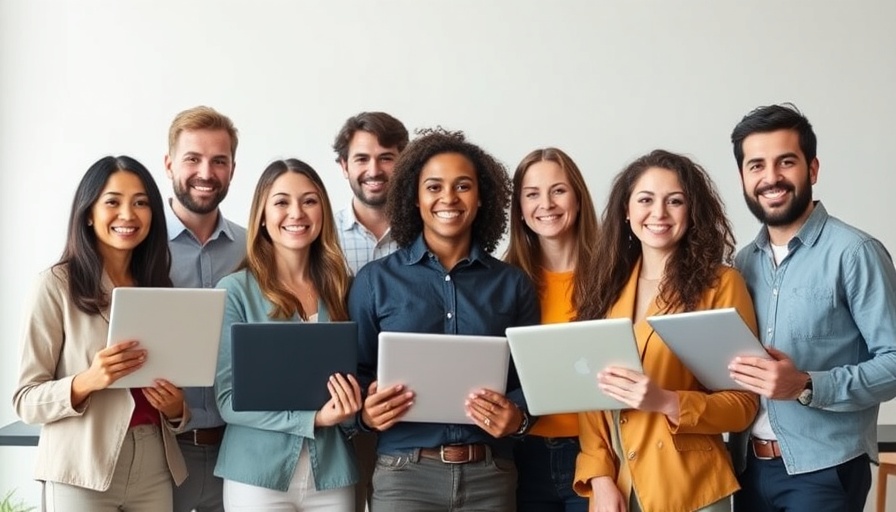 Meet Adam Łapiński: Diverse team members smiling with laptops.