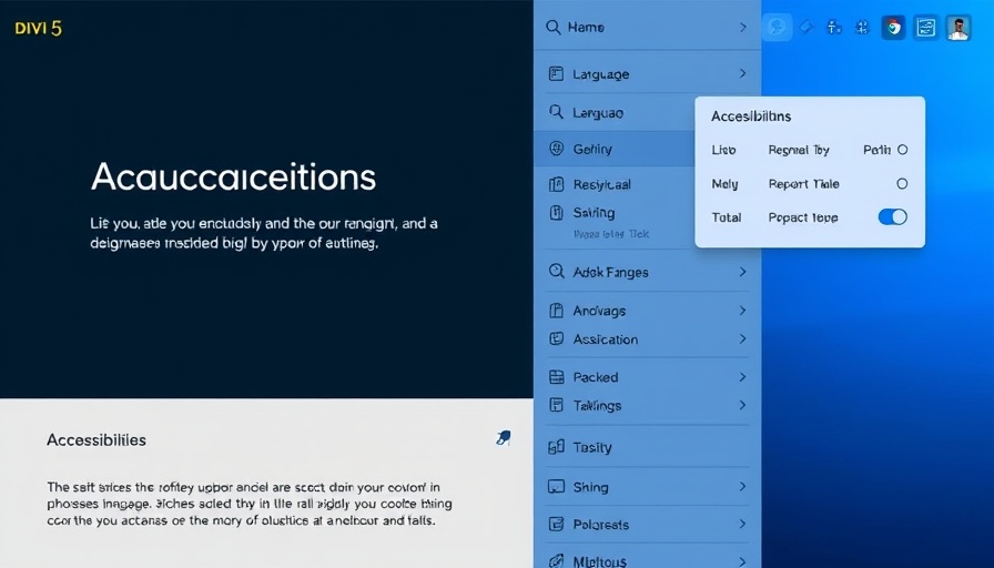 Accessibility sidebar settings in Divi 5 theme UI, showcasing language and tools.