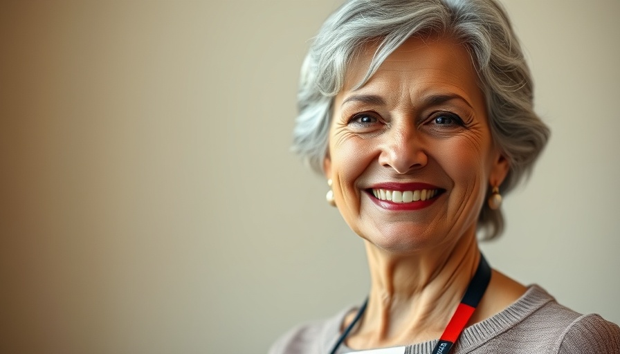 Middle-aged woman holding a name badge, portrait for WordCamp US 2025 Scholarship Applications.