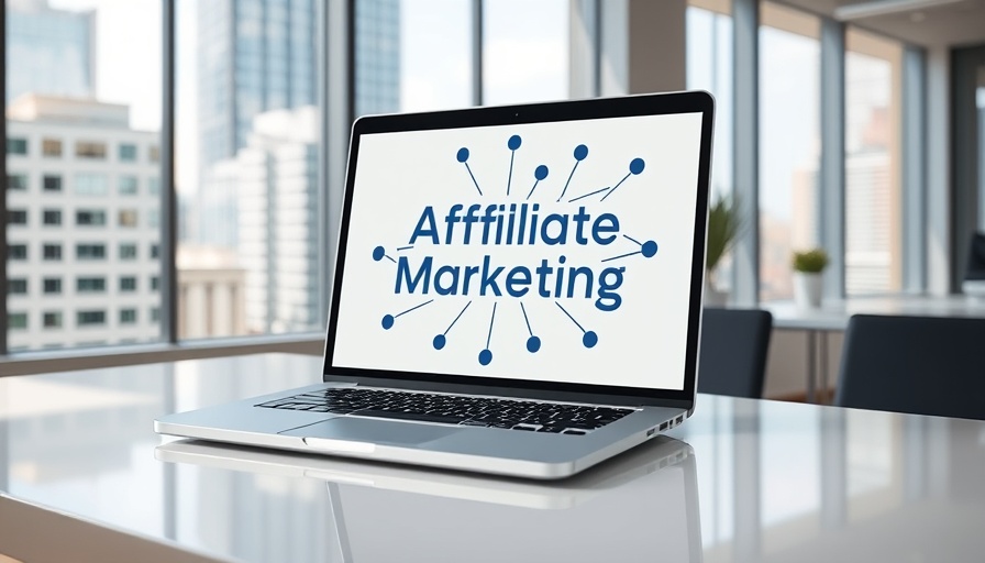Laptop with affiliate marketing text in a modern office setting.