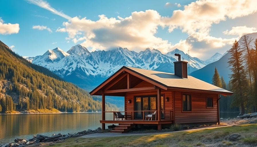 Luxury eco-resort cabin by lake with mountain views.