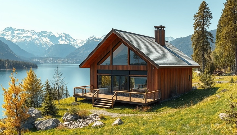 Luxury Eco-Friendly Hotel cabin with mountain views and serene lake.