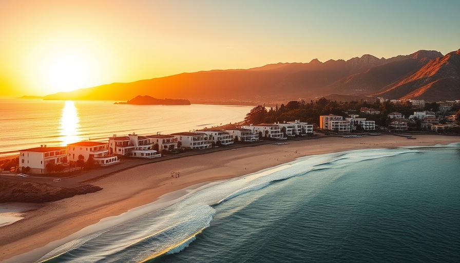 Aerial view of luxury villas in Marbella with mountain and beach.