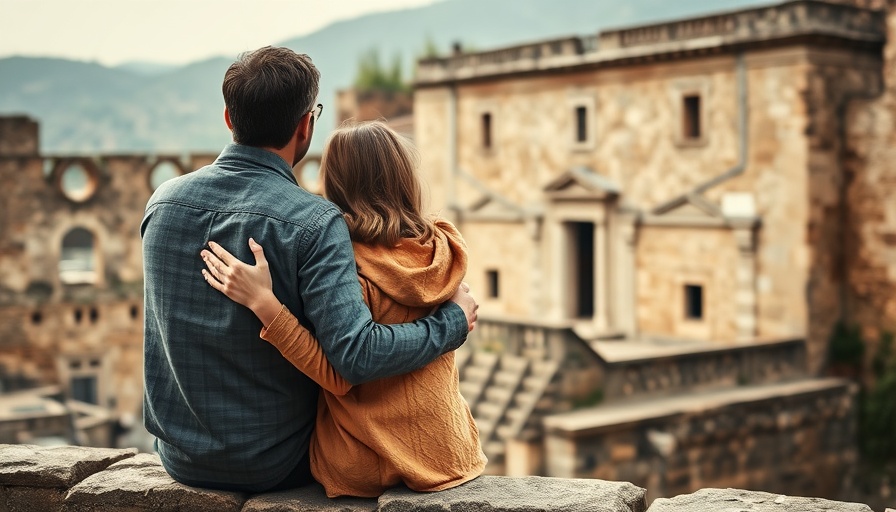 Couple embracing at historic site for travel to Okayama Japan.