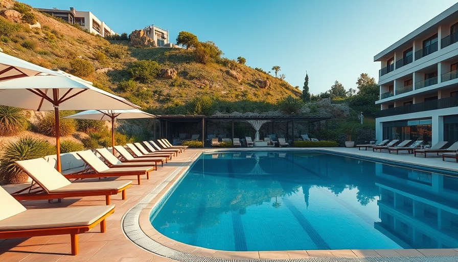 Luxurious hotel development with pool and seating.