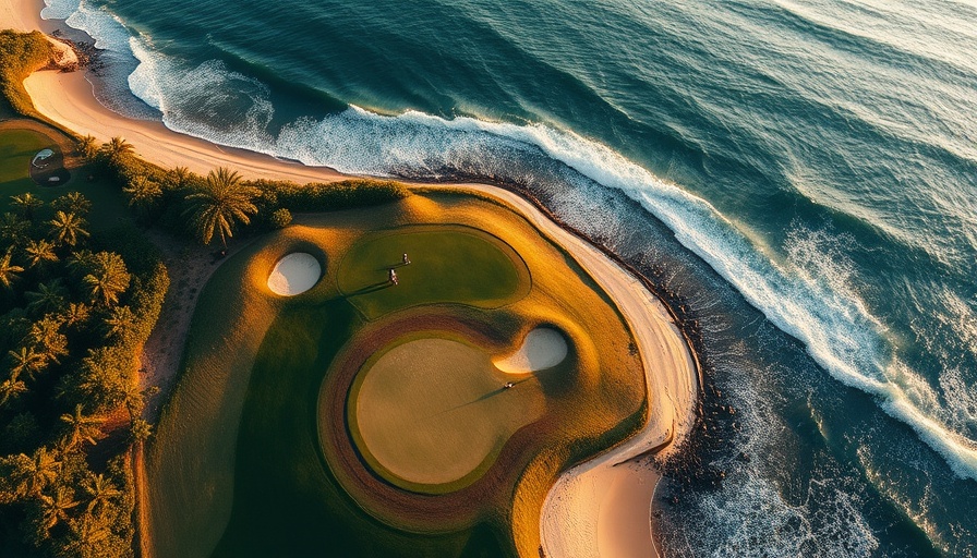 Aerial view of scenic golf course by the ocean at sunset.