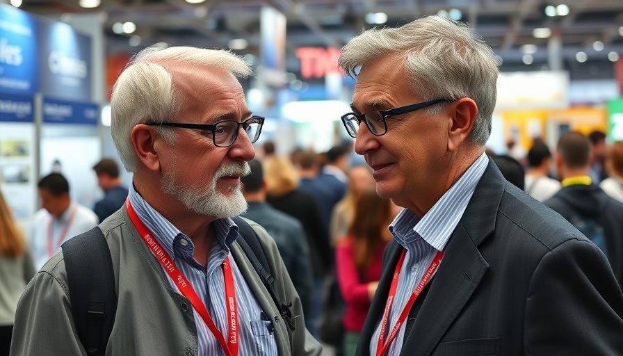 Older man speaking at a vibrant trade show, luxury hotels