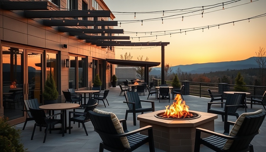 Outdoor patio of an independent luxury hotel with fire pit and ambient lighting.