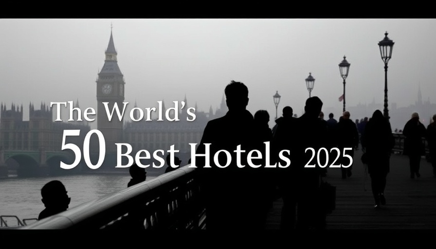 Luxury hotels silhouette with text 'World's 50 Best Hotels 2025'.