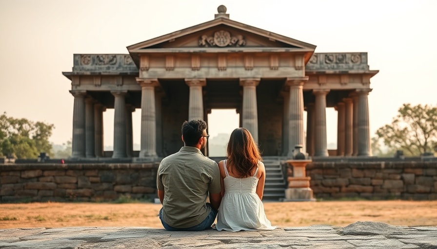 Romantic couple relaxing by ancient temple, travel to Hiroshima and Miyajima vibe.