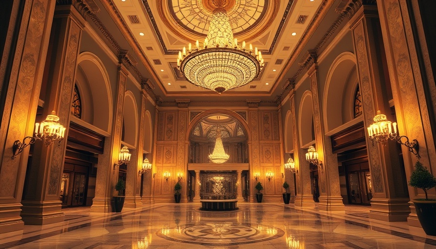 Luxurious hotel lobby with grand chandelier and pillars