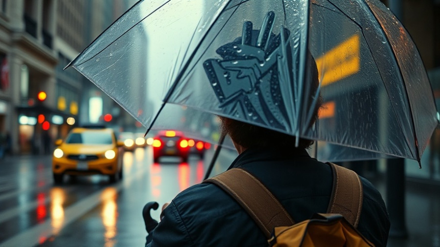 Rainy day in city with person under transparent umbrella.