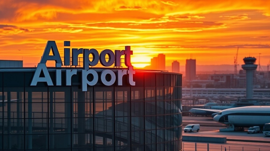 Prague Airport building at sunset reflecting cityscape with vibrant sky