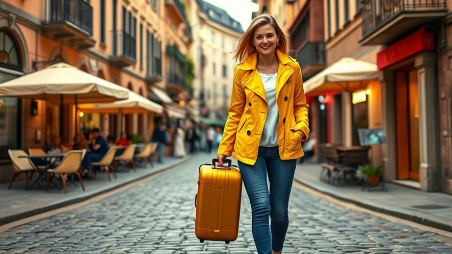 Solo travel market growth shown by a woman with suitcase in a city.
