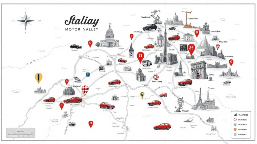 Map of Italy's Motor Valley with cars and landmarks.