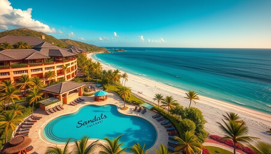 Aerial view of Sandals Resort by a turquoise beach, showcasing the tropical splendor.