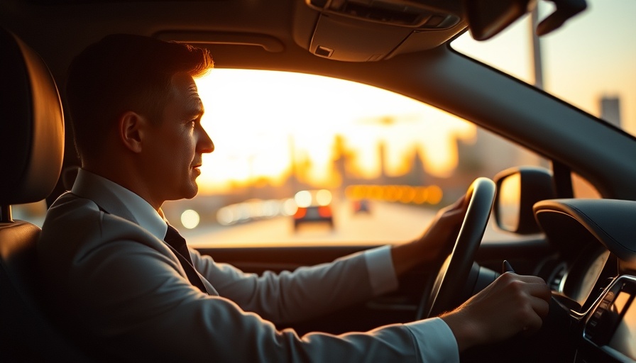 Chauffeur driving a luxury car, dashboard lights glowing, sunset.