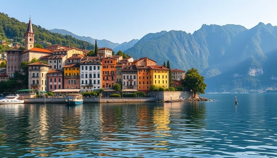 Lake Como shoreline with colorful villas under clear sky.
