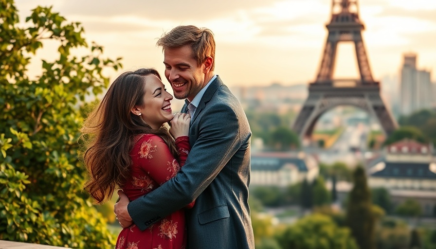 Romantic couple at Parisian wedding venue near Eiffel Tower.