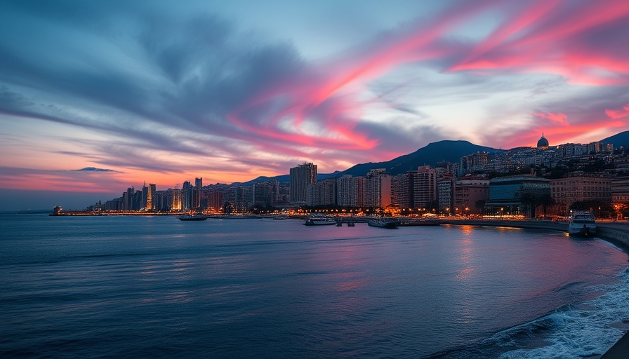 Barcelona coastline with city skyline at sunset
